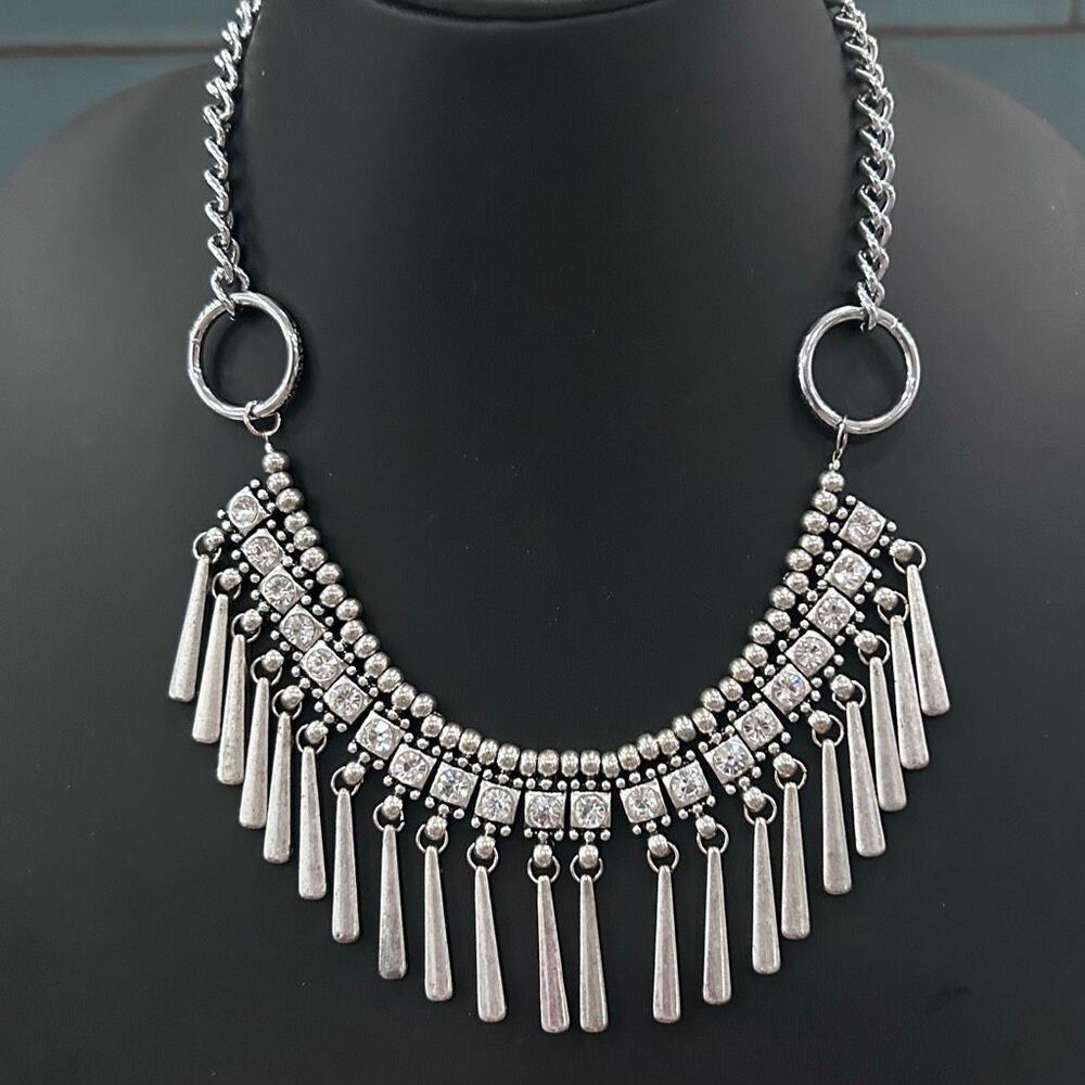 Bib Fringe Statement Necklace Women's Silver-tone With Clear Rhinestones
